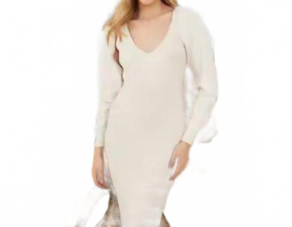 NEW UNKNOWN long sleeve rib v neck knit set dress in cream